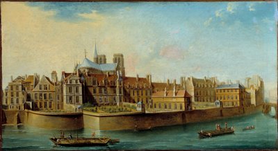 Zicht op het Île de la Cité met de apsis van de Notre Dame en de Quai aux Fleurs vanaf het Île Saint Louis in Parijs door Nicolas Raguenet