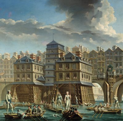 (detail) De Joute des mariniers tussen de Pont Notre-Dame en de Pont-au-Change door Nicolas Raguenet