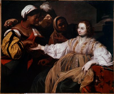 De waarzegster Een vrouw kwam een handlezer raadplegen. Schilderij door Nicolas Regnier (1591-1667) Zon. 1,2x1,5 m door Nicolas Regnier