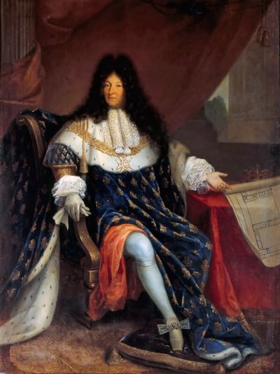 Portret van Lodewijk XIV met het plan voor de Maison Royale de Saint-Louis in Saint-Cyr door Nicolas Rene Jollain