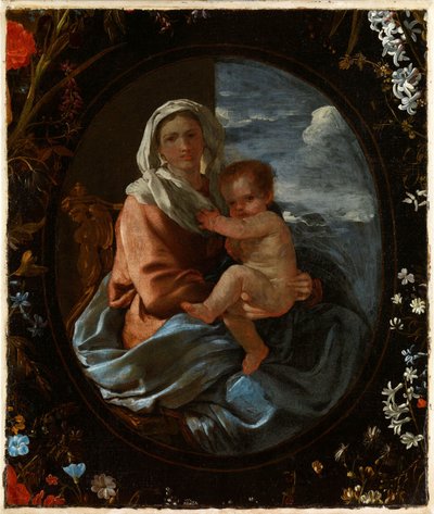 Maagd en kind in een bloemenkrans door Nicolas & Seghers Daniel (1590–1661) Poussin