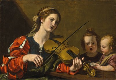 Een vrouw die viool speelt met twee zingende kinderen door Nicolas Tournier
