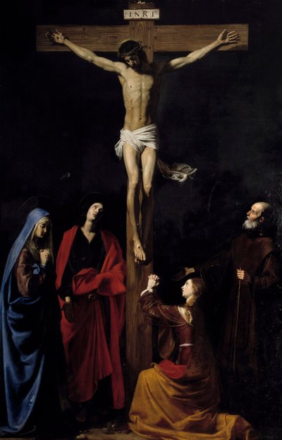 Christus aan het kruis, de Maagd Maria, Maria Magdalena, Sint Jan en Sint Vincentius a Paulo (schilderij door Nicolas Tournier) door Nicolas Tournier