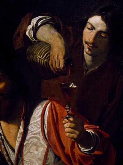 Dienaar schenkt wijn in, detail van Ontmoeting van drinkers, door Nicolas Tournier door Nicolas Tournier