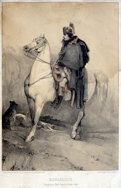 Ruiterportret van Napoleon I Bonaparte (1769-1821) Hoofdgeneraal van het Leger van Italië door Nicolas Toussaint Charlet
