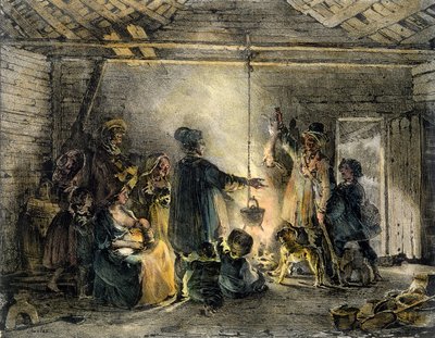 Interieur van een kolenmijnwerkershut, gegraveerd door Godefroy Engelmann, 1829 door Nicolas Toussaint Charlet