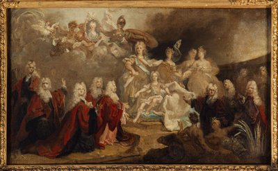 Allegorie van de verloving van Lodewijk XV met de Infanta Marie-Anne-Victoire van Spanje (1722) door Nicolas de (workshop) Largilliere