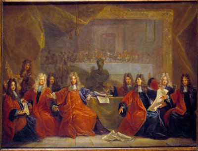 De provoost van de kooplieden en de schepenen van de stad Parijs beraadslagen over het feest voor Lodewijk XIV door Nicolas de Largillière
