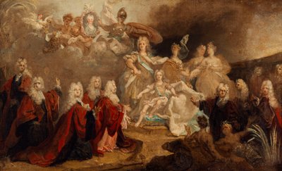 Schets van het allegorische schilderij in opdracht van de stad Parijs voor de verloving van Lodewijk XV en de infanta Marie Anne Victoire van Spanje door Nicolas de Largillière