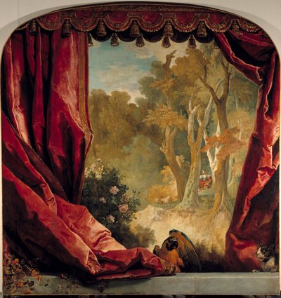 Decoratieve compositie met gordijnen, landschap en dieren door Nicolas de Largillière