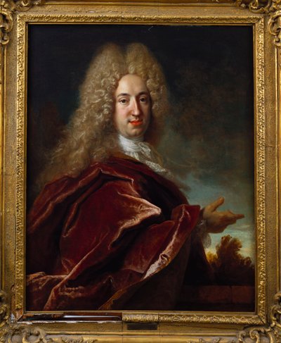 Portret van een heer, met een lange pruik, kanten jabot en bordeauxrode mantel door Nicolas de Largillière