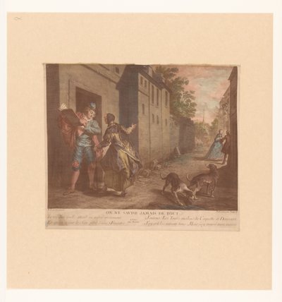 Straatgezicht met man met boek door Nicolas de Larmessin (III)