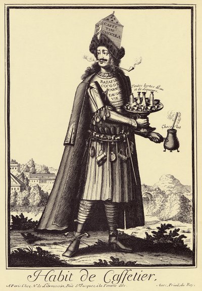Caffettier: "Habit de Caffettier " (Koffiezetter of koffiehandelaar, chocolade, thee, likeuren) Satirische tekening uit 