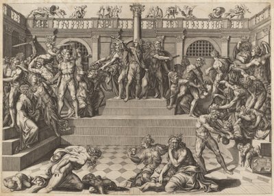 De Slachting van de Onschuldigen door Nicolaus Beatrizet, after Marco Dente, after Baccio Bandinelli