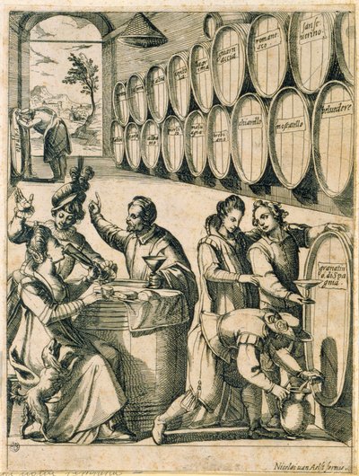 Drinkers in een wijnkelder (namen van Romeinse wijnen zijn op de vaten gegraveerd) door Nicolaus van Aelst