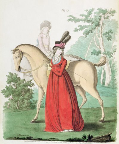 Een dame te paard in rijjurk uit Nikolaus Heideloff