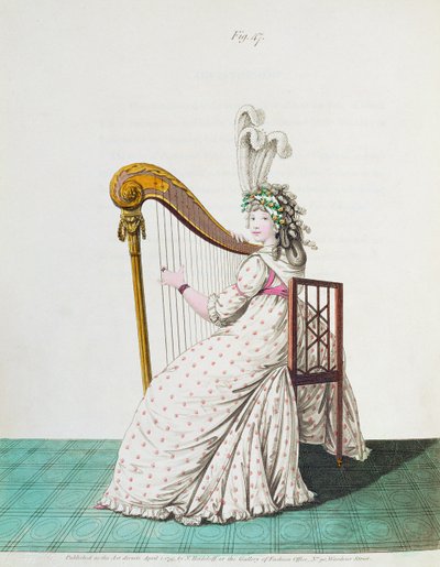 Dame die harp speelt in avondjurk uit Nikolaus Heideloff