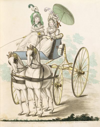 Twee dames, in negligé, maken een ritje in een phaeton, uit Nikolaus Heideloff