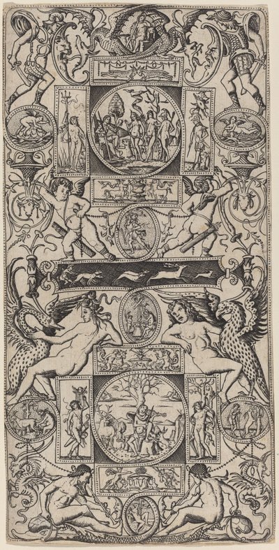 Ornamentpaneel met Orpheus en het oordeel van Parijs door Nicoletto da Modena