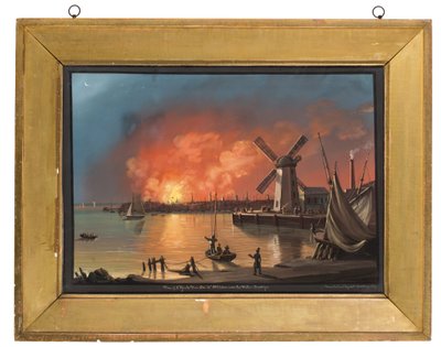 Een uitzicht op de brand in New York, genomen nabij de molen in Brooklyn, 16 december 1835 door Nicolino Calyo