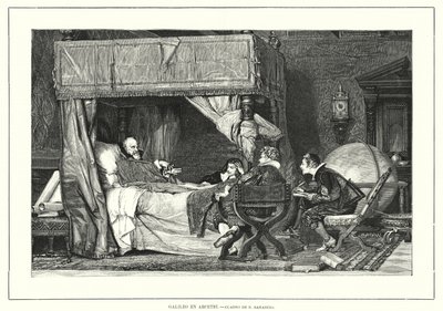 Italiaanse astronoom Galileo Galilei in Arcetri, Italië, waar hij stierf in 1642 (litho) door Nicolo (after) Barabino