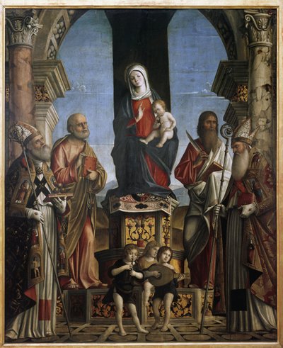 De Maagd en Kind op de troon met St. Nicolaas, St. Petrus, St. Bartolomeüs en St. Augustinus door Nicolo Rondinelli