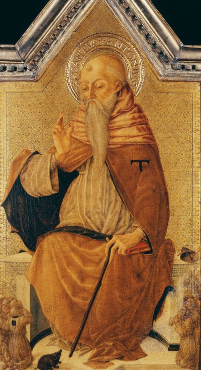 Sint Antonius Abt op de troon met leden van een broederschap door Nicolo di Maestro Antonio dAncona