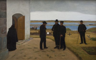 Mensen buiten een kerk. Harboøre, Jutland door Niels Jakob Jakobsen Bjerre
