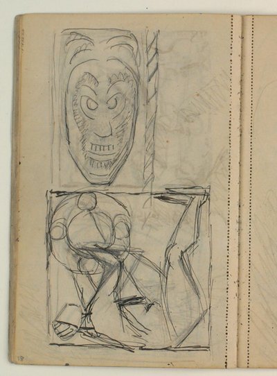 Schets van masker, vermoedelijk naar voorbeeld. Ontwerp voor het grafmonument van Poul S. Christiansen door Niels Larsen Stevns