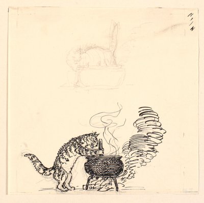 Illustratie voor "De Dikke Kat" en Schets door Niels Skovgaard