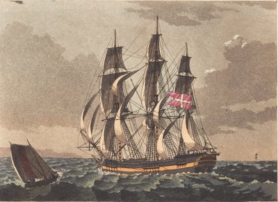Een loodsboot en een Deens fregatschip voor een sluier door Niels Truslew