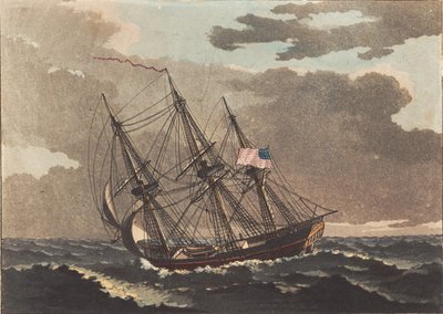 Een Amerikaans schip lenzend voor een fok door Niels Truslew