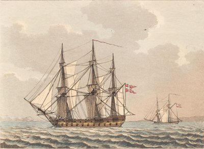 Een Deens oorlogsschip voor anker, drogend zijn schip door Niels Truslew