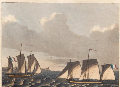 Franse platbodems of luggers voor de Franse kust door Niels Truslew