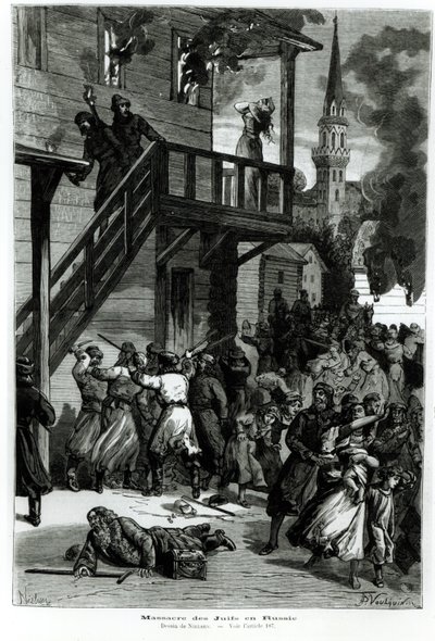 Slachting van de Joden in Rusland, gegraveerd door Gustave Voulquin uit Le Journal Illustre, juni 1881 door Nielsen
