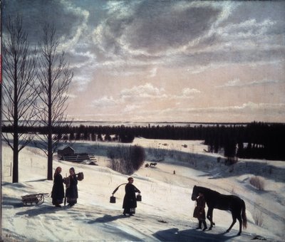 Winterscène, Russische winter. Beschrijving van een besneeuwd landschap in het avondlicht, met figuren op de weg: een man met een paard en vrouwen, een met emmers en twee anderen die bij een slee praten. door Nikifor Stepanovich Krylov
