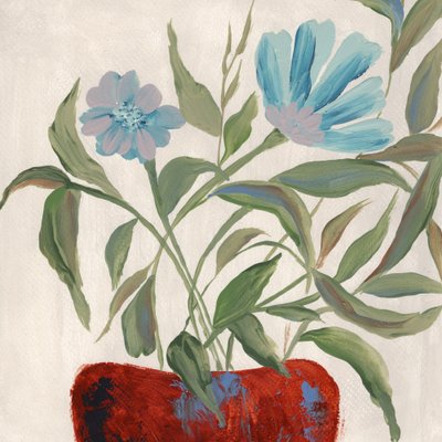 Blauwe bloemen in een rode pot door Nikita Jariwala