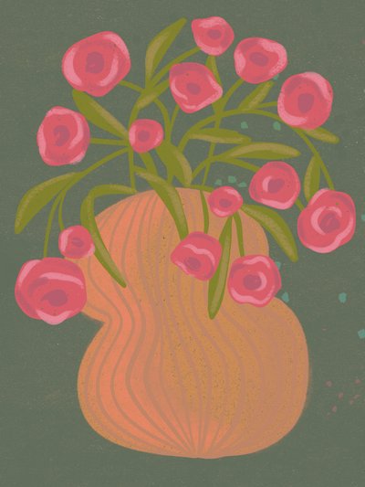 Roze bloemen in een oranje vaas door Nikita Jariwala