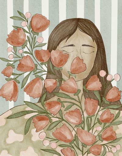Rustige vrouw met bloemen door Nikita Jariwala