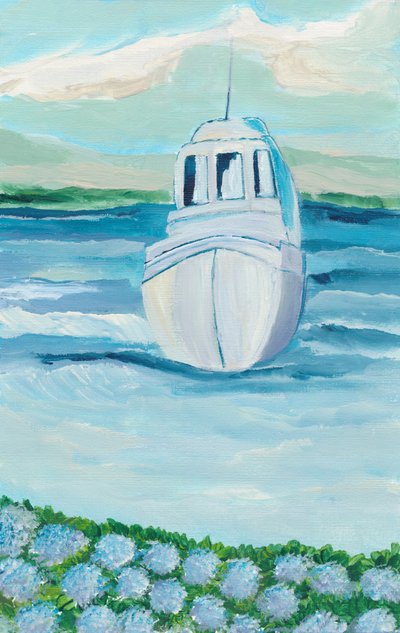 Witte boot, blauwe hortensia’s door Nikita Jariwala