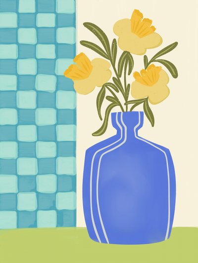 Gele bloemen in een blauwe vaas door Nikita Jariwala