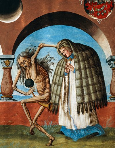 Dood met de kanunnik (detail) van Dood, abt en de kanunnik (de assistent van de abt) uit de Dans van de Dood cyclus door Albrecht Kauw door Niklaus Manuel