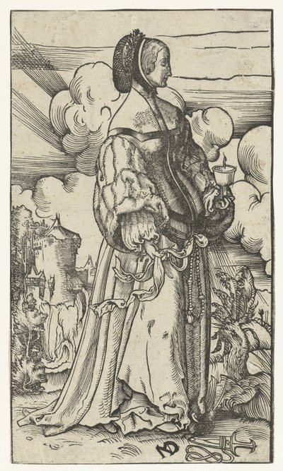 Wijze maagd met brandende olielamp in landschap door Niklaus Manuel Deutsch