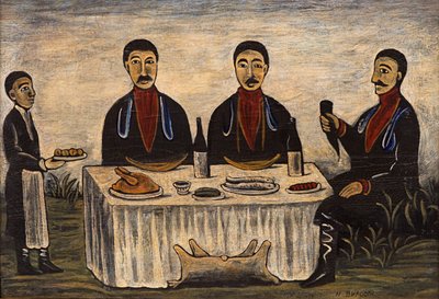 Drie Mannen aan het Diner door Niko Pirosmani