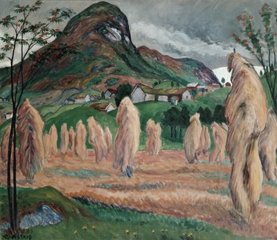Herfstvocht en zwervende schoven op een paal door Nikolai Astrup