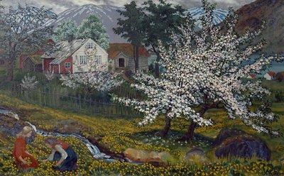 Bloeiende appelboom, Strømsbo boerderij, ca. 1912 door Nikolai Astrup