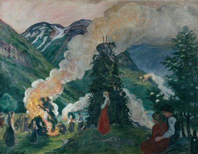 Het opbouwen van het grote midzomervuur door Nikolai Astrup