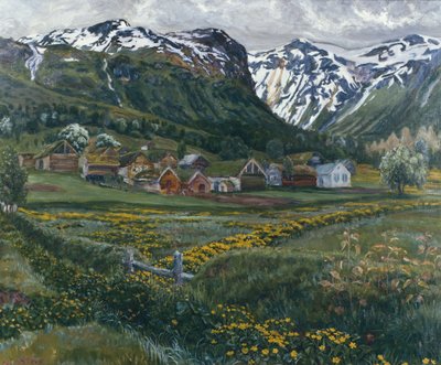 Juninacht en oude Jølster-werf door Nikolai Astrup