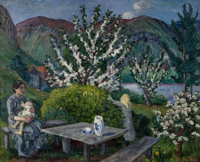Moeder en kind bij de tuintafel door Nikolai Astrup
