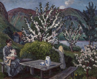 Moeder en kind bij de tuintafel door Nikolai Astrup